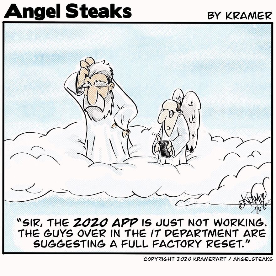 Cartoon from Angel Steaks series showing a frustrated God discussing a 2020 app issue with an angel in the clouds.