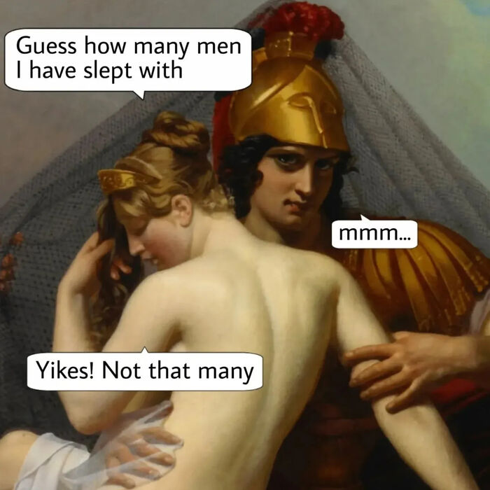 Classical painting with a woman and soldier humorously captioned by a beloved Instagram creator with clever dialogue.