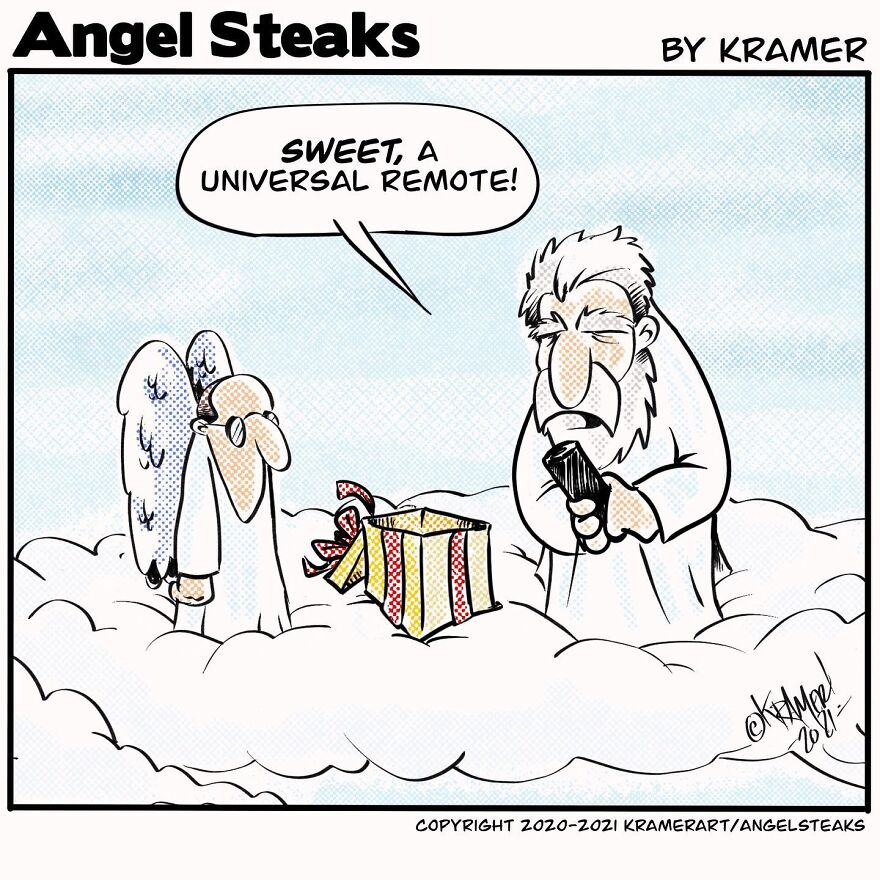 Cartoon featuring God and an angel in clouds with a universal remote from Kramer’s Angel Steaks series.