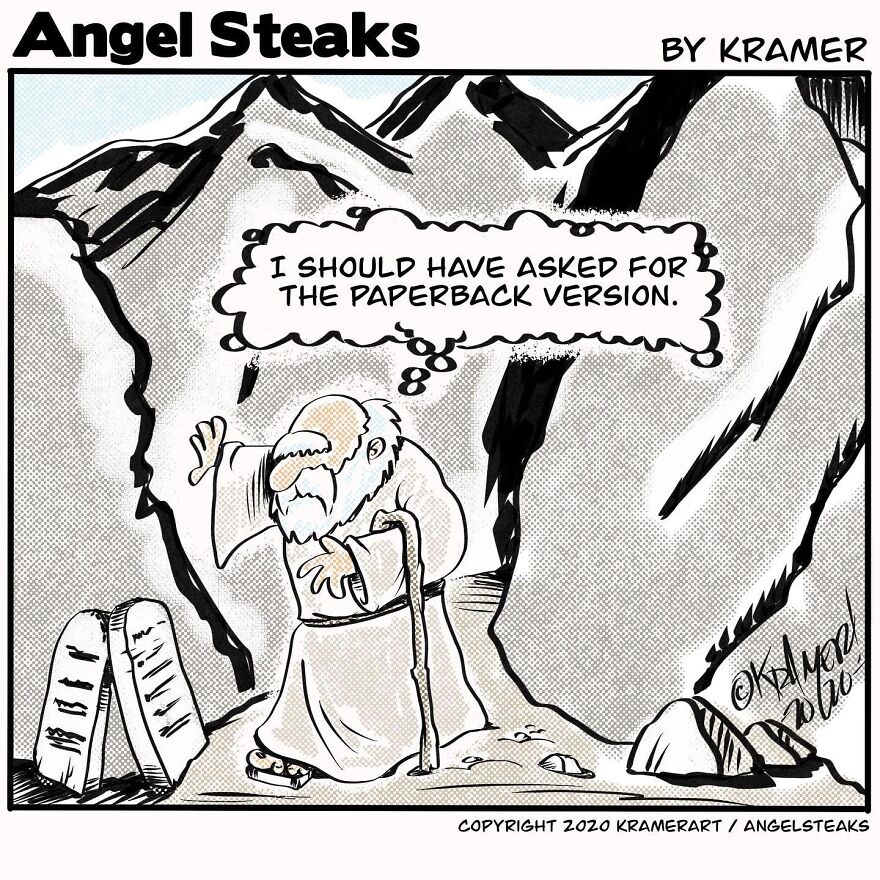 Cartoon featuring God from Kramer’s Angel Steaks series, humorously referencing the tablets and a paperback version.