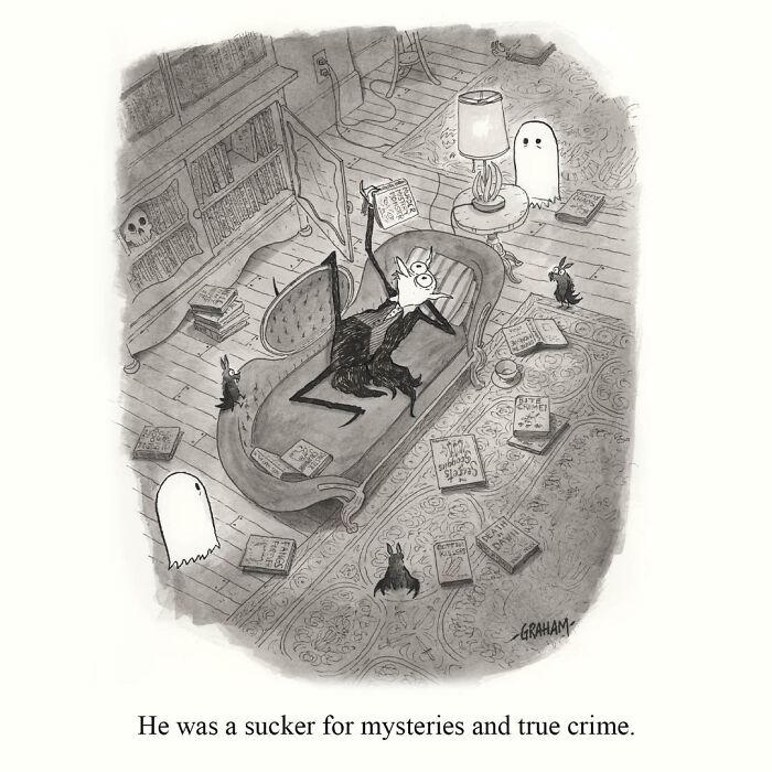 One panel comic by Graham Annable featuring a quirky character surrounded by ghosts and mysterious books.