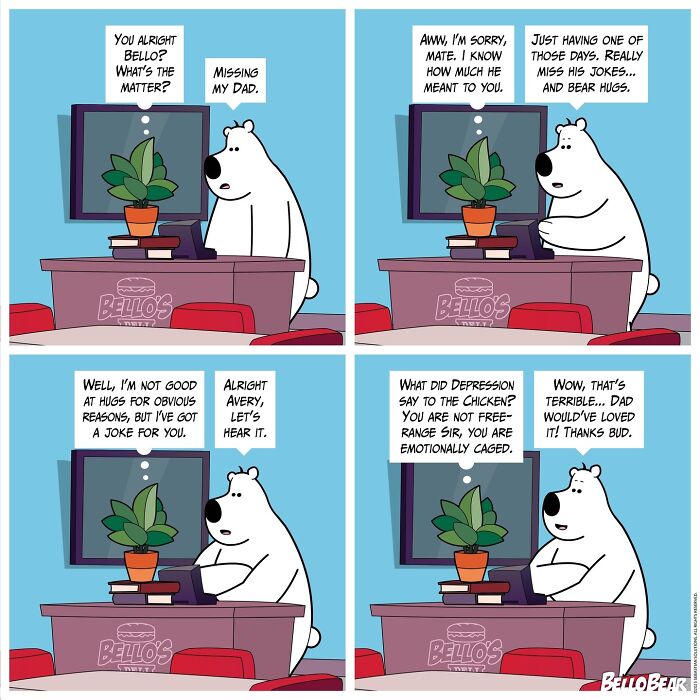 Comic artist Bello Bear creating humorous and addictive online stories featuring a bear sharing jokes at a desk.