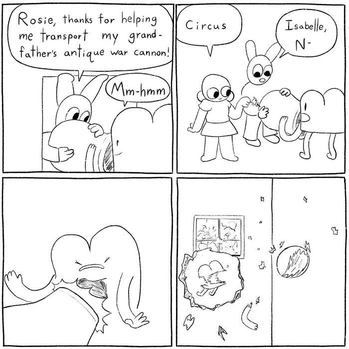 Black and white comic by Cyelatm showing characters transporting an antique war cannon with relatable humor.