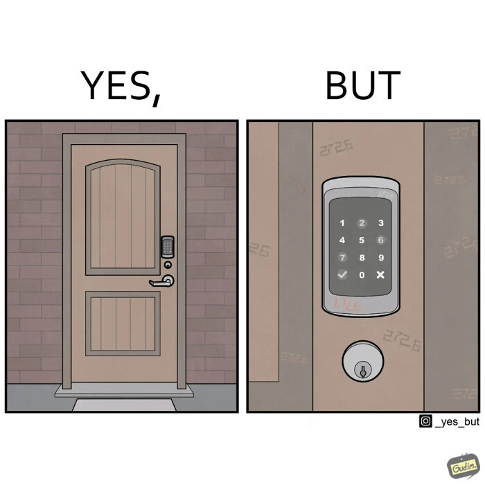 Digital lock on a modern door in a funny yes but comic illustrating the strangeness of modern life.