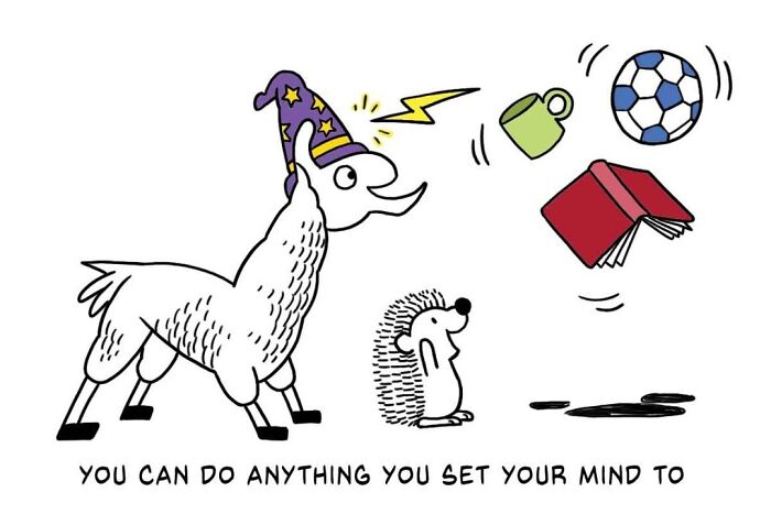 A llama wearing a wizard hat and a smiling hedgehog illustrating friendship in wholesome comics.