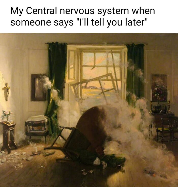 Classical painting of a chaotic room with broken furniture and smoke, cleverly captioned by a beloved Instagram creator.