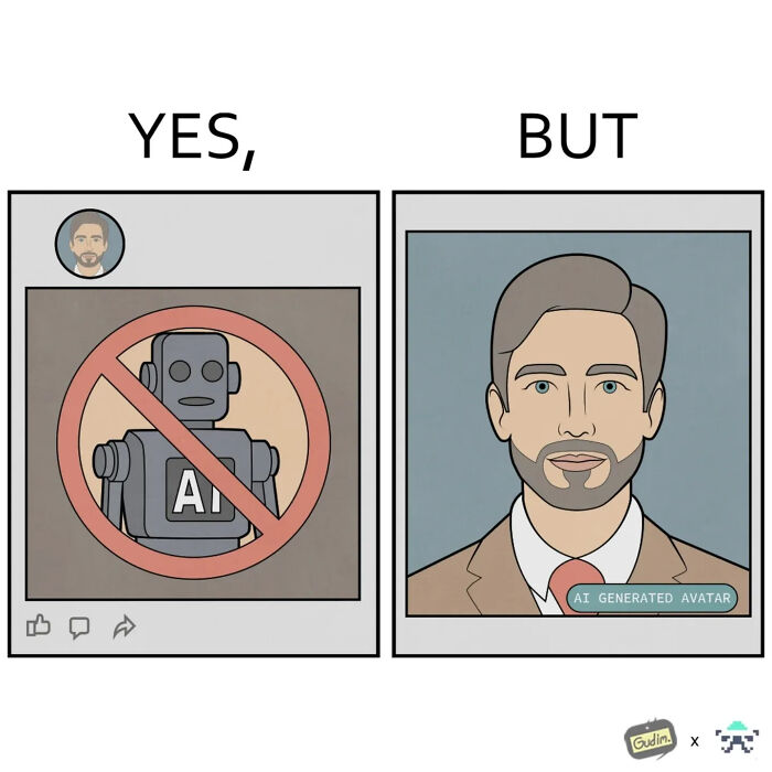 Comic showing a humorous 'Yes, But' illustration featuring AI robot rejection and AI generated avatar in modern life.