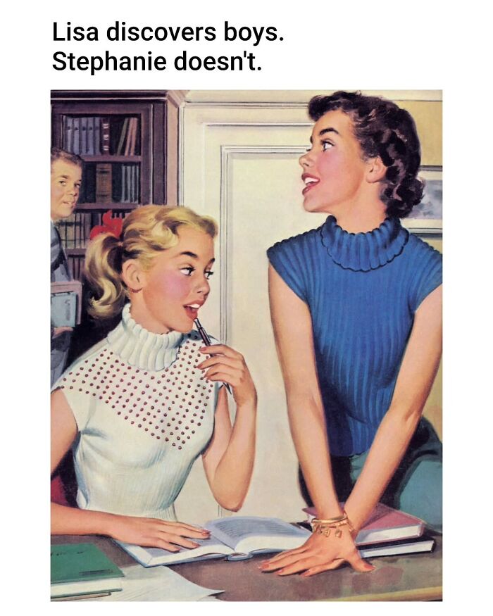 Two young women in vintage clothing converse over books in a classical painting cleverly captioned by an Instagram creator.