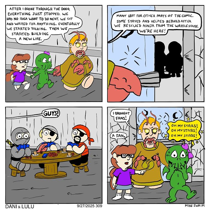 Dani and Lulu comics scene with characters talking and reacting inside a building in a colorful comic strip style.