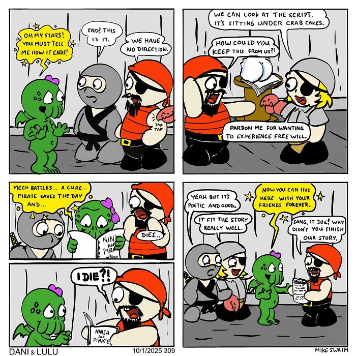 Comic strip featuring cartoon pirates and a green creature discussing story endings in Dani & Lulu comics by Mike Swaim.