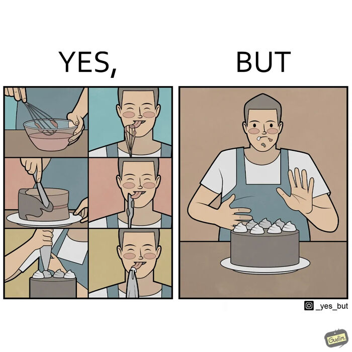 Funny yes but comic showing man enjoying cake decorating process but refusing to eat final cake in modern life humor style