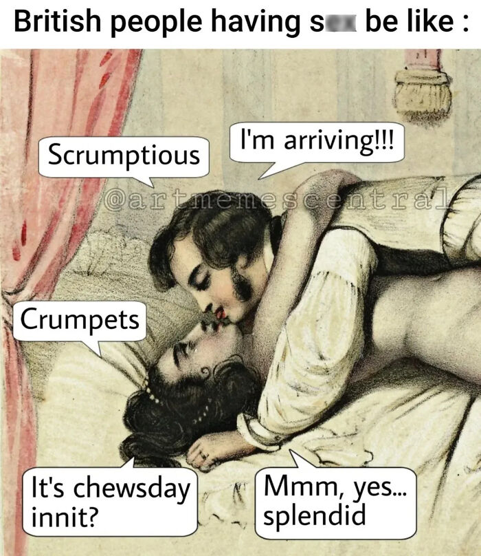 Classical painting humor with British couple in bed, cleverly captioned for entertaining Instagram art memes.