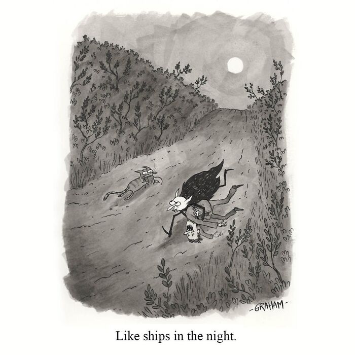 One panel comic by Graham Annable featuring a dark figure carrying a person along a quiet road at night.