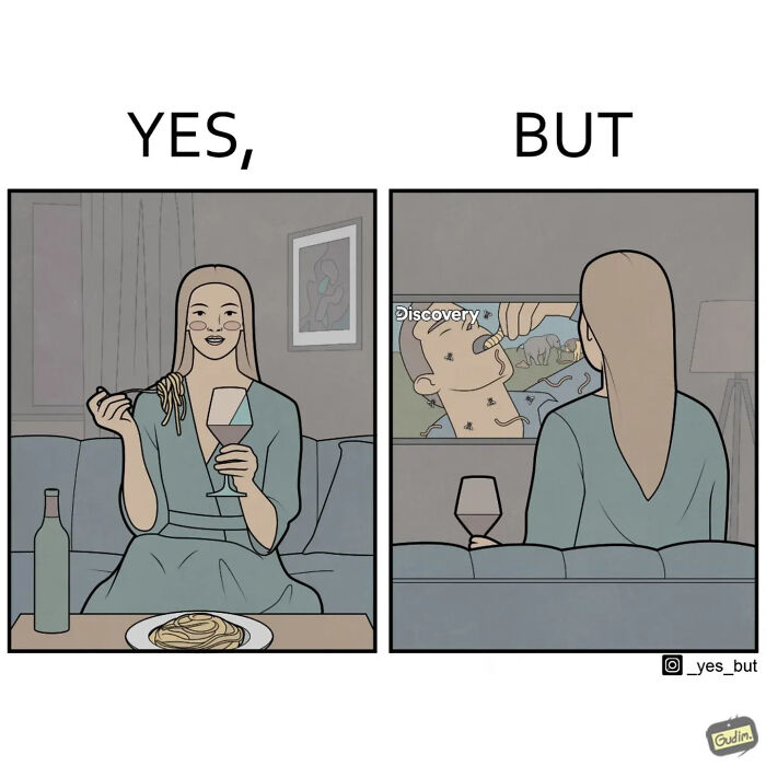 Woman eating pasta with wine saying yes, but watching strange TV scene, in a funny yes but comic about modern life strangeness