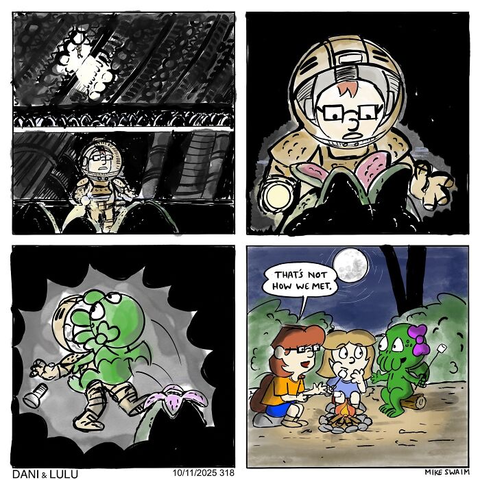 Dani & Lulu comic panels showing characters in a space suit and campfire scene with dialogue under the moonlight.