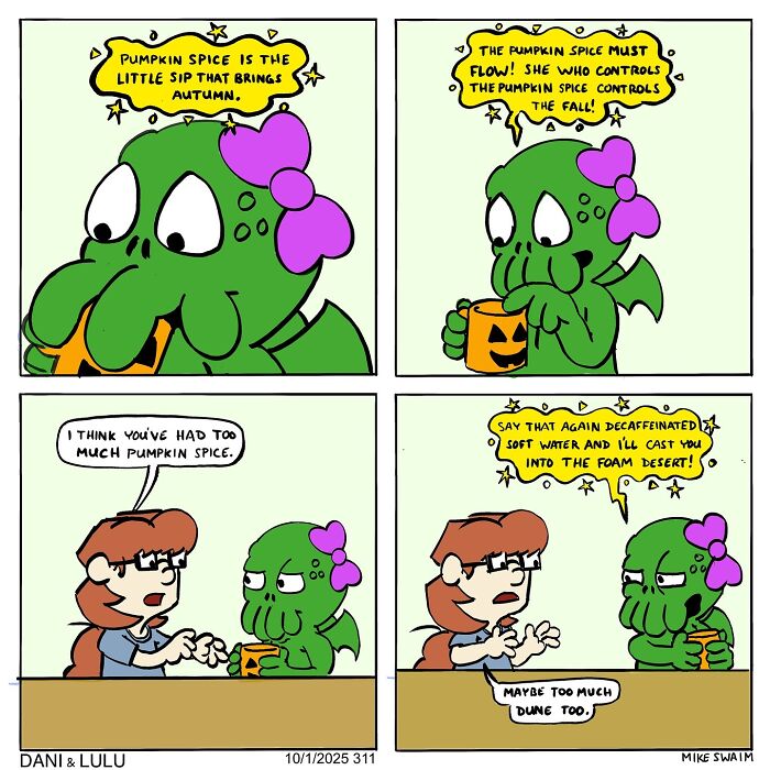 Green cartoon character with a pink bow drinks pumpkin spice in a 27 new Dani & Lulu comics by Mike Swaim.