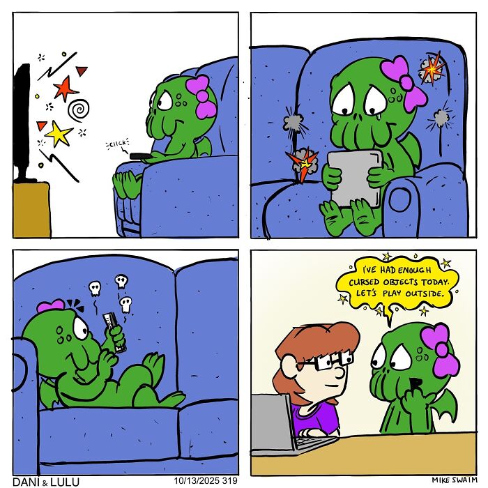 Green character with a pink bow experiences cursed objects in a Dani & Lulu comic by Mike Swaim.