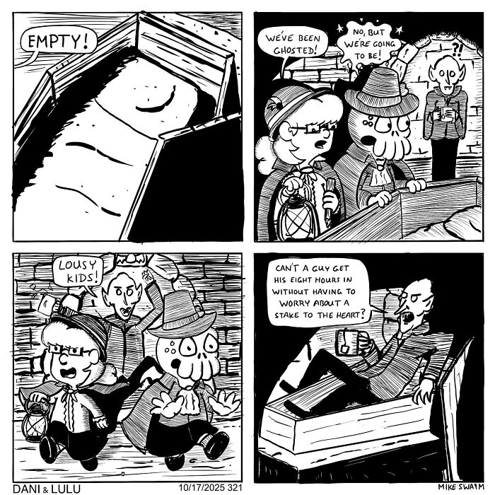 Black and white Dani & Lulu comic panels featuring ghostly characters and humorous dialogue by Mike Swaim.