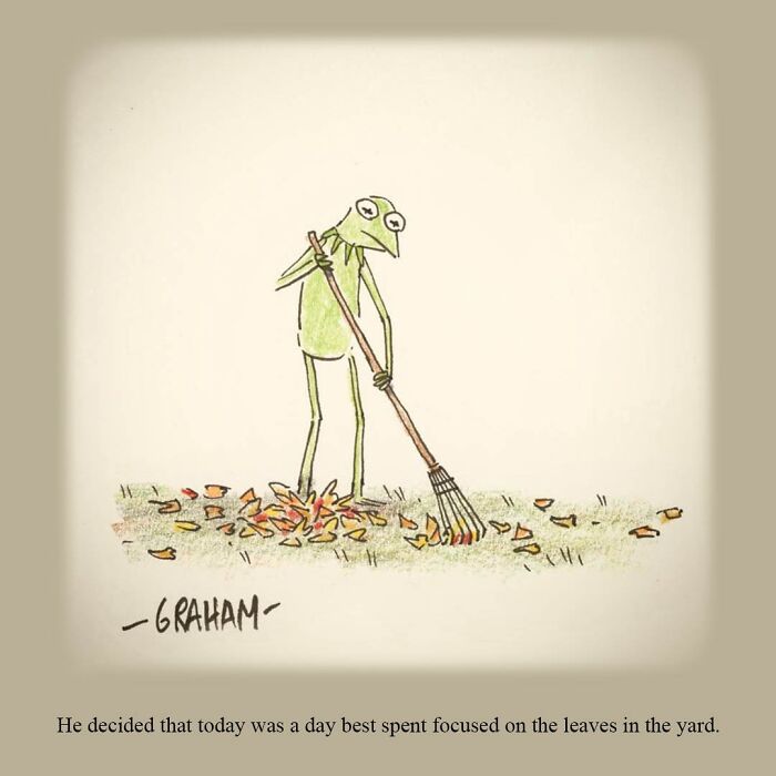 Cartoon character raking leaves in a yard, illustrating Graham Annable one panel comics with unexpected endings.