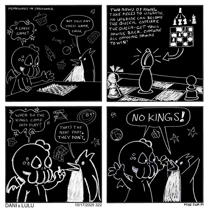 Dani and Lulu comic panels explaining a unique chess game with no kings on a chalkboard-style background.