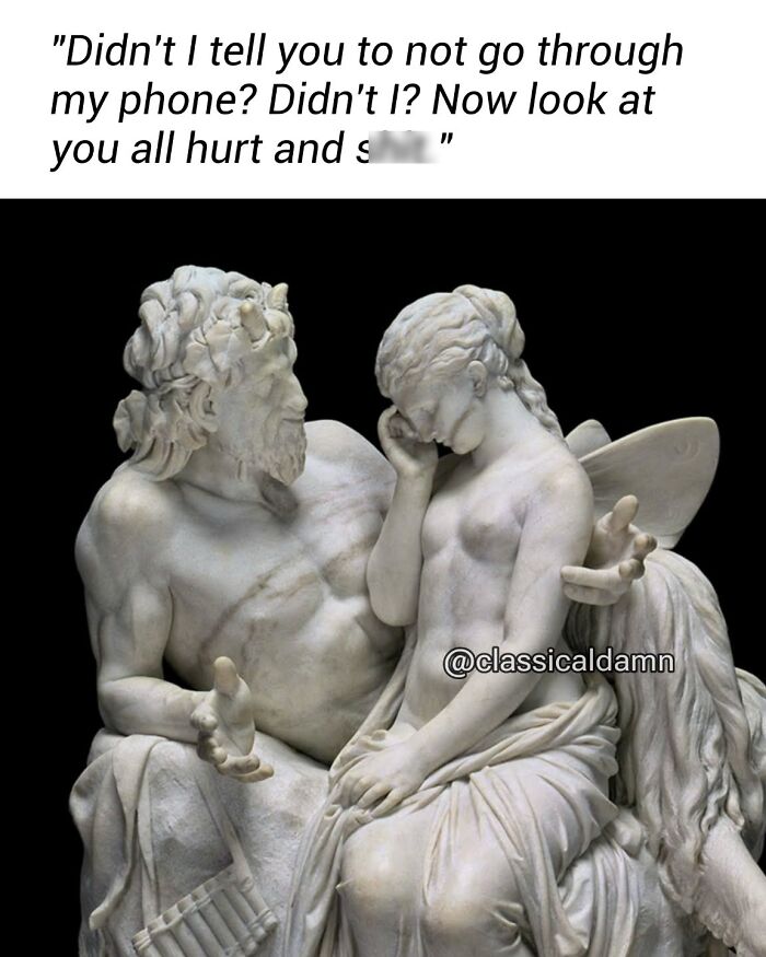 Marble classical sculpture with clever caption showing an emotional moment, featured in classical paintings captioned series.