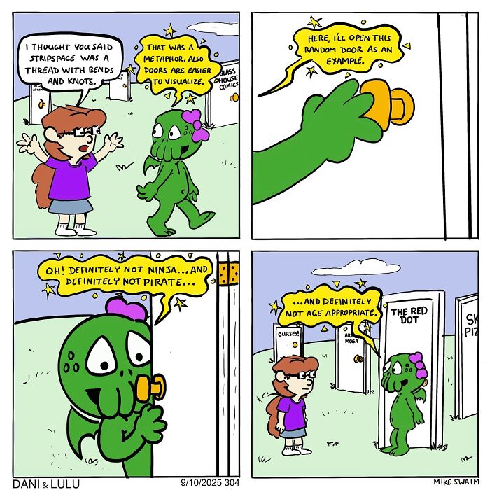 Dani and Lulu in a colorful comic strip exploring doors, humor, and age-appropriate content by Mike Swaim.