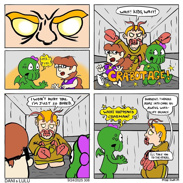 Comic panels from Dani & Lulu by Mike Swaim showing characters in a humorous scene involving crab transformations.