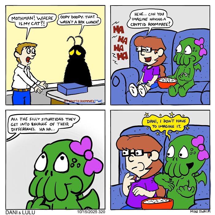 Four-panel Dani & Lulu comic by Mike Swaim showing humorous dialogue between a boy, girl, and a green creature.