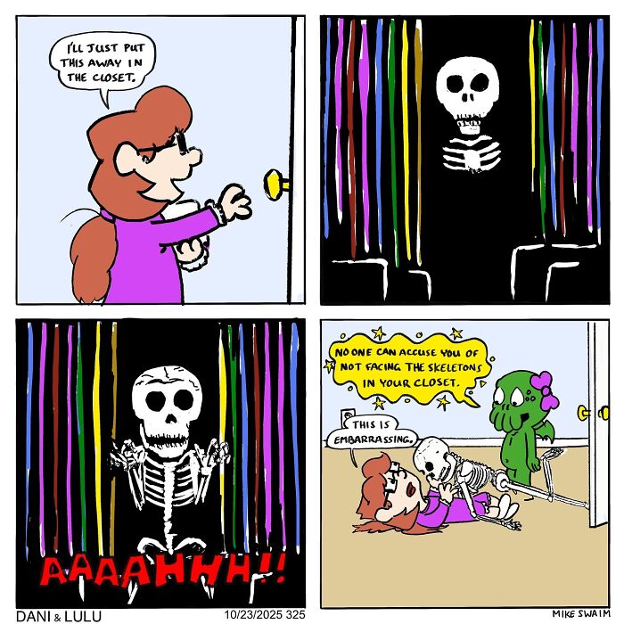 Dani opening a closet revealing a skeleton and a green creature in a colorful Dani & Lulu comic by Mike Swaim.