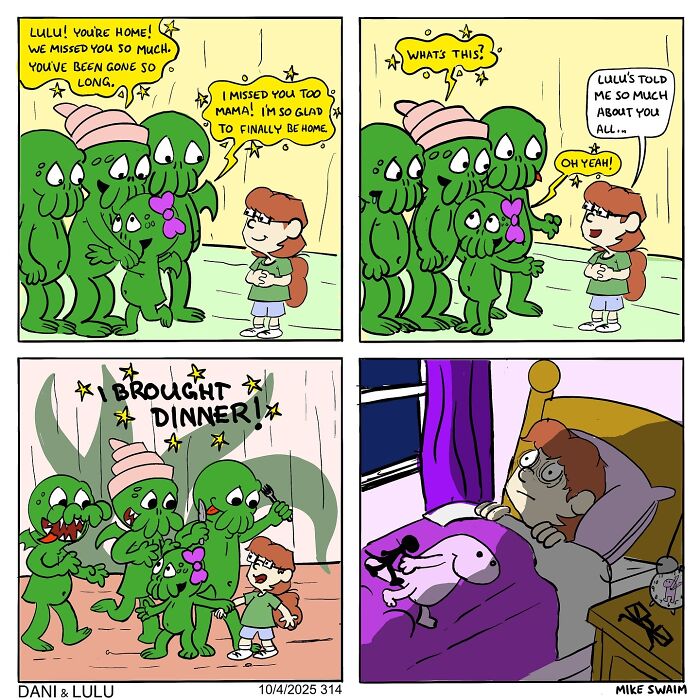 Dani and Lulu characters reunite with a child in a colorful comic strip from the Dani and Lulu comics by Mike Swaim.