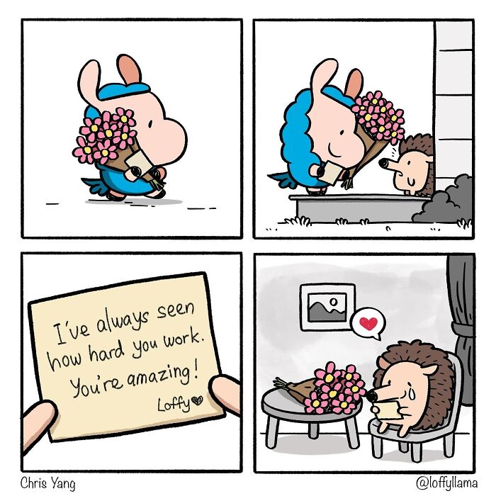 Comic panels showing a llama giving flowers and a note to a hedgehog, highlighting a heartfelt friendship comic by Chris Yang.