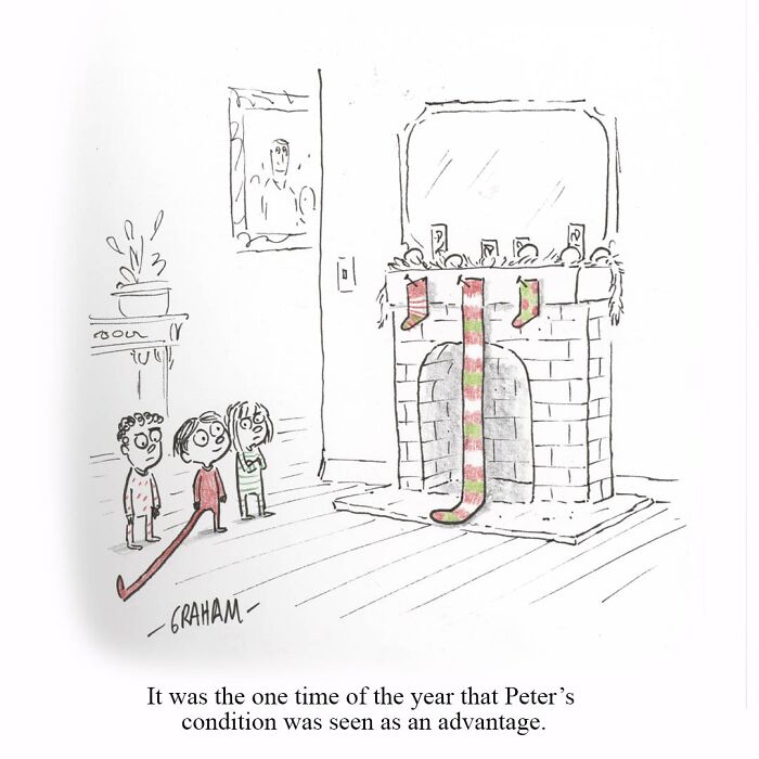 Graham Annable one panel comic shows surprised children staring at an unusually long Christmas stocking hanging from a fireplace.