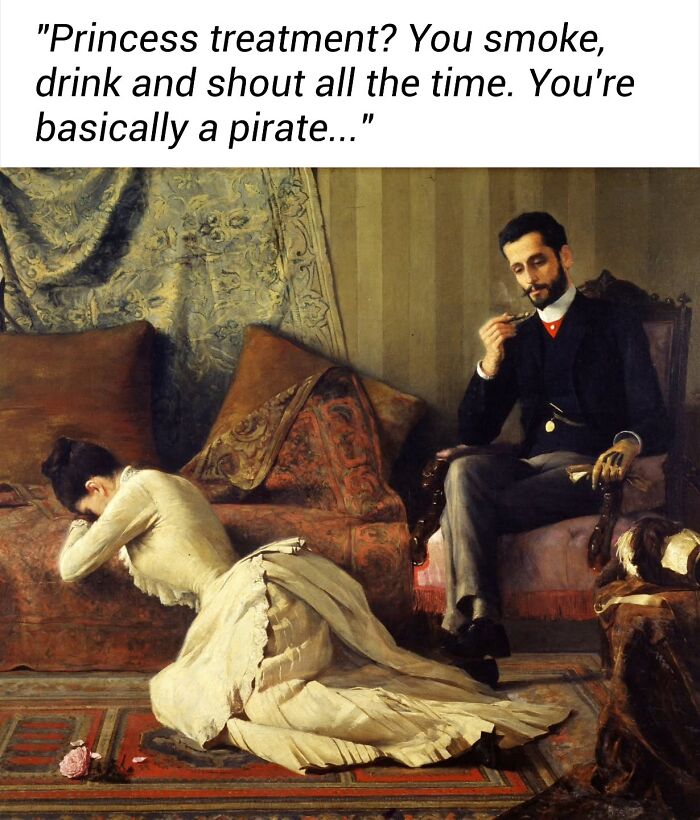 Woman in vintage dress kneeling on rug, man seated smoking pipe, classical painting with clever Instagram caption.