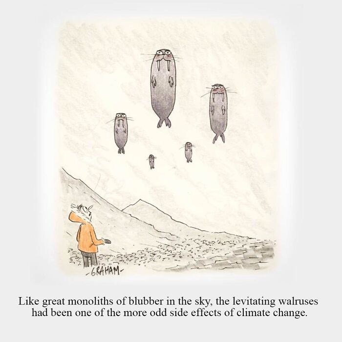 Levitating walruses in a comic panel by Graham Annable showing an unexpected surreal scene in nature.