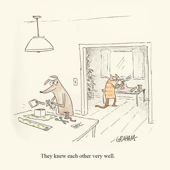 One panel comic by Graham Annable showing a dog and cat wrapping bones and toys in a humorous scene.