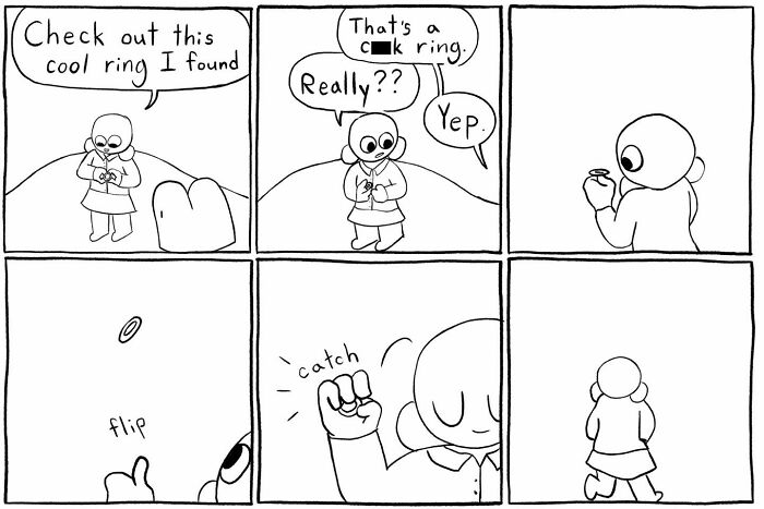 Black and white comic panels showing a character flipping and catching a ring in a relatable comic style.