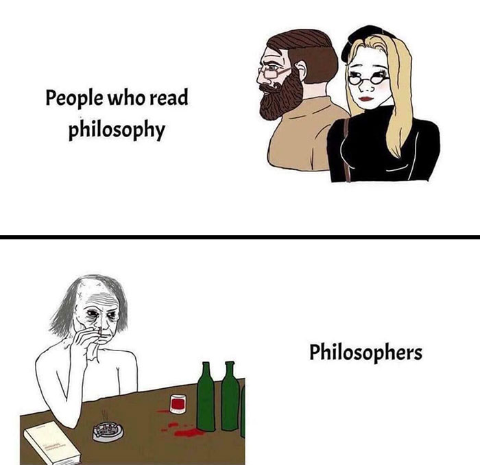 Illustration comparing people who read philosophy as trendy versus philosophers as worn and intense, highlighting intellectual-philosophy-memes.