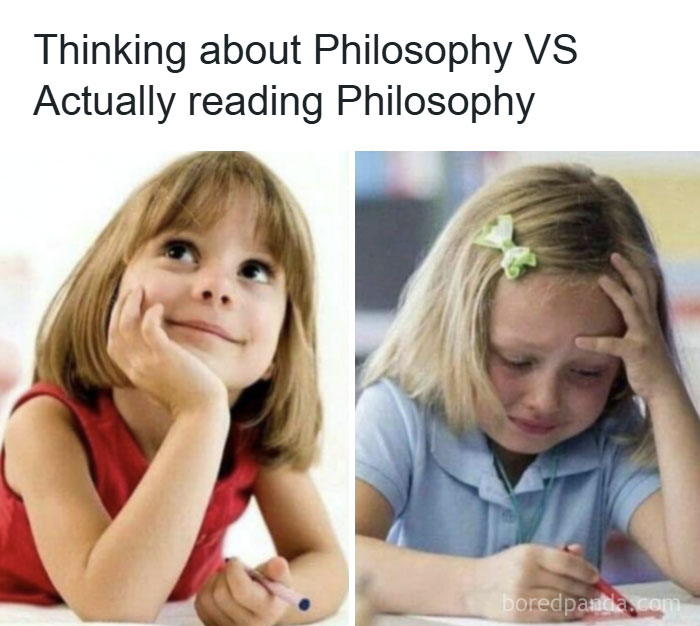 Young girl smiling and daydreaming contrasted with the same girl stressed and upset, illustrating intellectual philosophy memes.