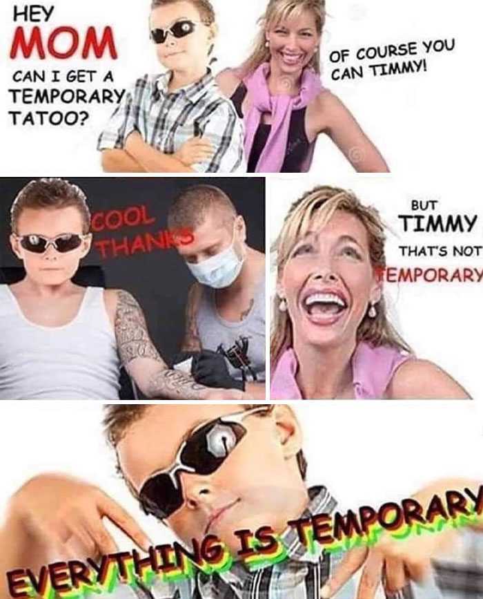 Young boy with sunglasses getting a tattoo while quoting intellectual philosophy memes about permanence and temporariness.