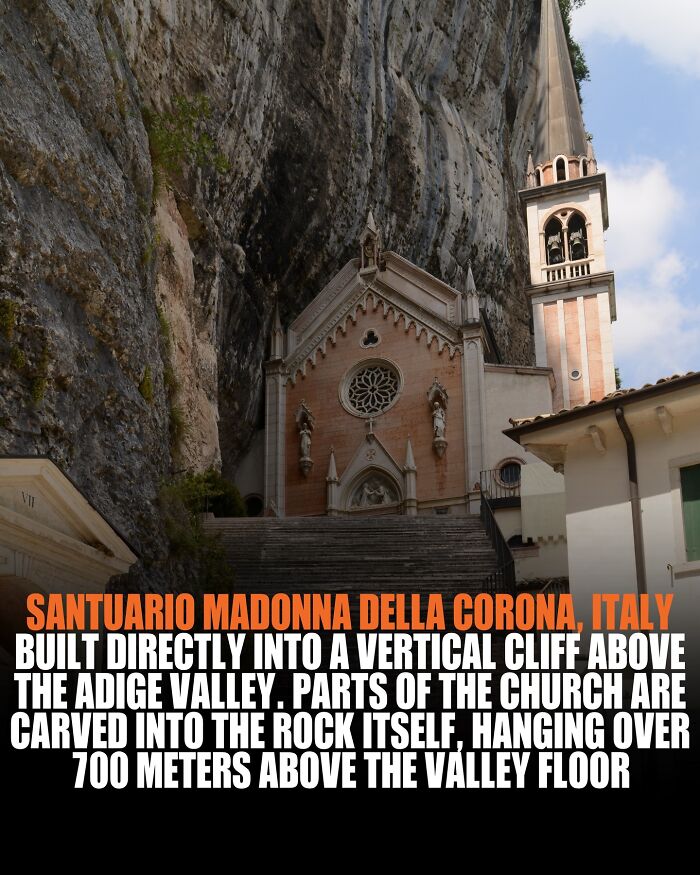 Santuario Madonna Della Corona in Italy built into a vertical cliff showcasing unique world knowledge and facts.