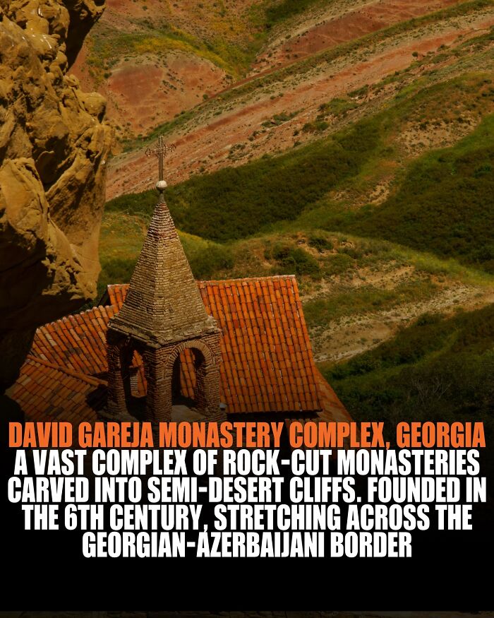 Stone church at David Gareja monastery complex carved into semi-desert cliffs, a fascinating fact about the world’s history and geography.
