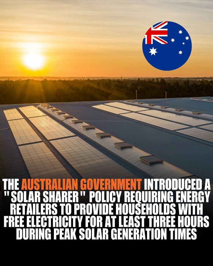 Solar panels at sunset with Australian government policy on solar sharer providing free electricity during peak times.
