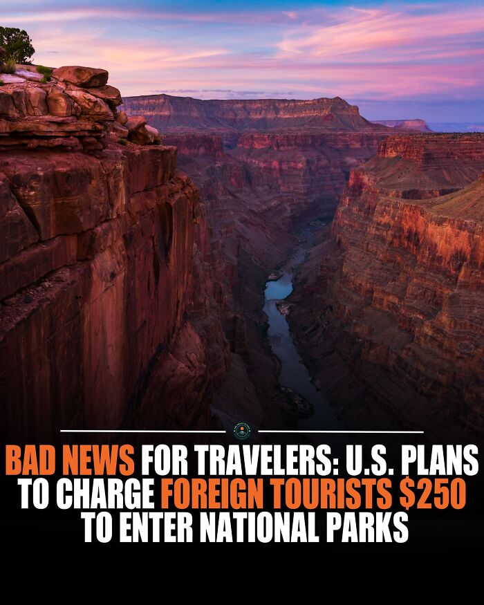 Grand canyon landscape at sunset with text about travelers and foreign tourists fees in U.S. national parks for new knowledge facts.