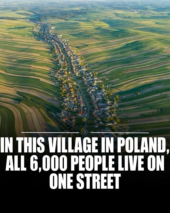 Aerial view of a unique village in Poland with all residents living on one long street, sharing world knowledge facts.