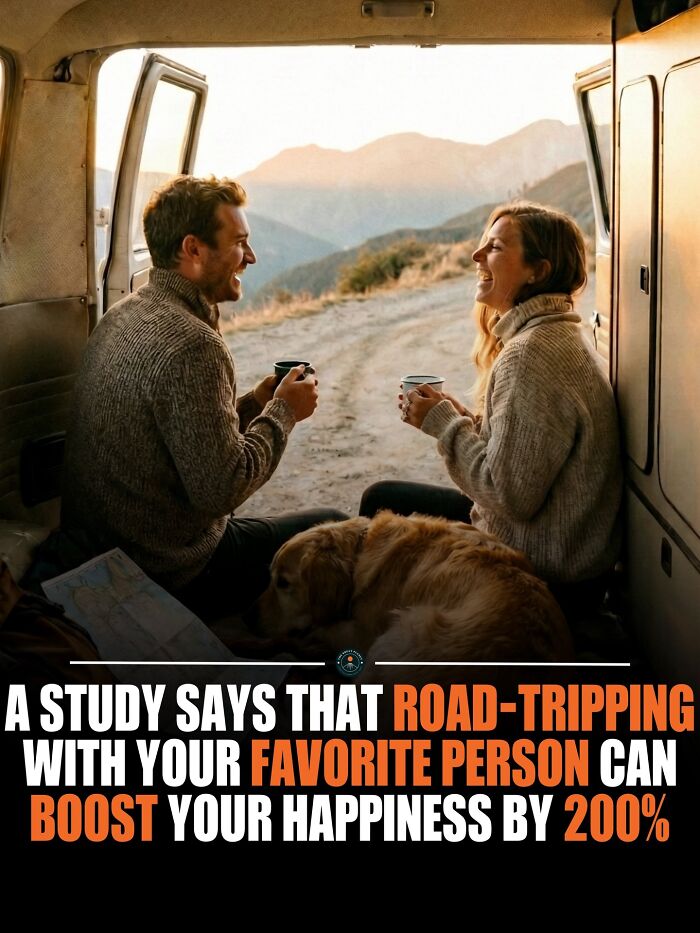 Couple enjoying a road trip in a van with a dog, highlighting facts about world knowledge and happiness boost.