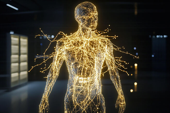 Glowing human body features highlighted in a dark space, illustrating fascinating human body facts and anatomy details.