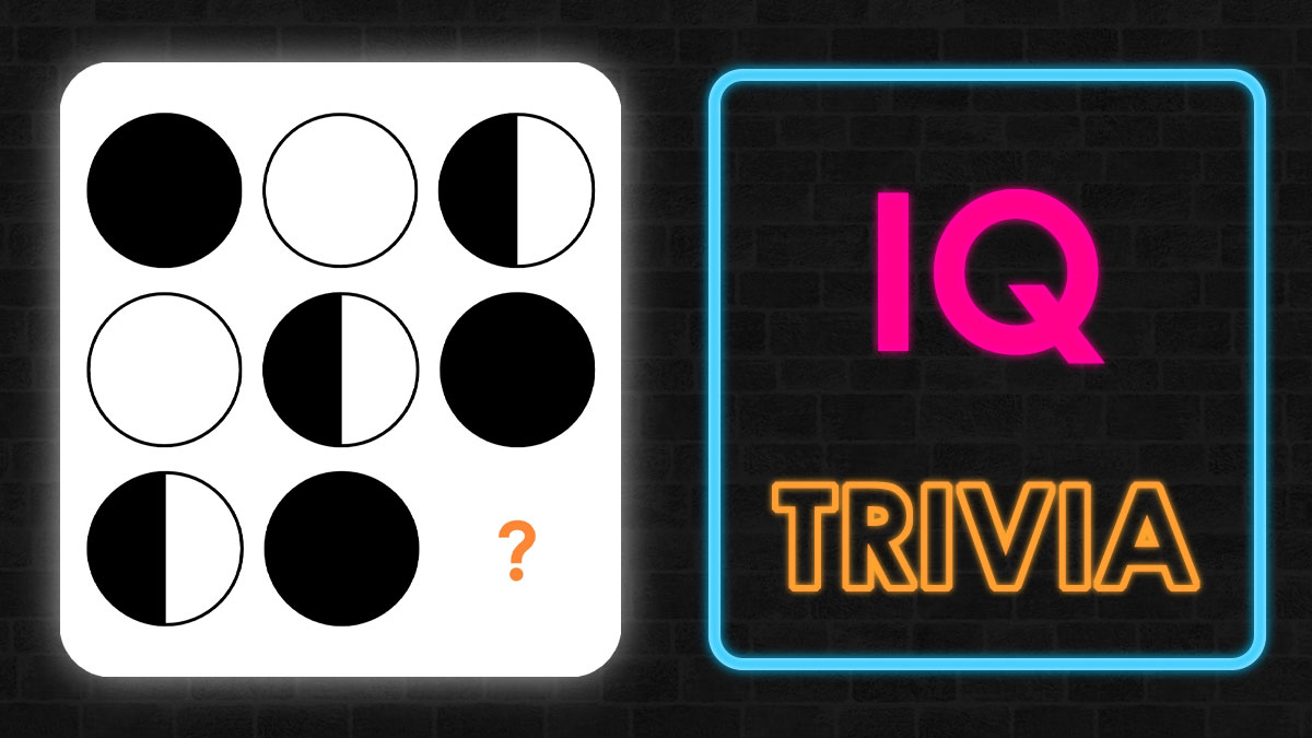 Pattern of black and white circles puzzle with IQ trivia text glowing in neon colors on a dark brick background.