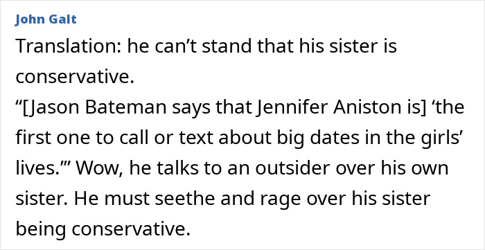 Text excerpt revealing Jason Bateman raises eyebrows with a critical remark about his sister Justine’s conservatism. Text excerpt revealing Jason Bateman raises eyebrows with a critical remark about his sister Justine’s conservatism.
