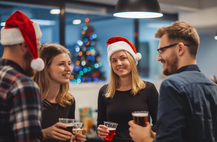 Woman refusing to be third wheel in marriage, wearing Santa hats at holiday party with friends holding drinks.