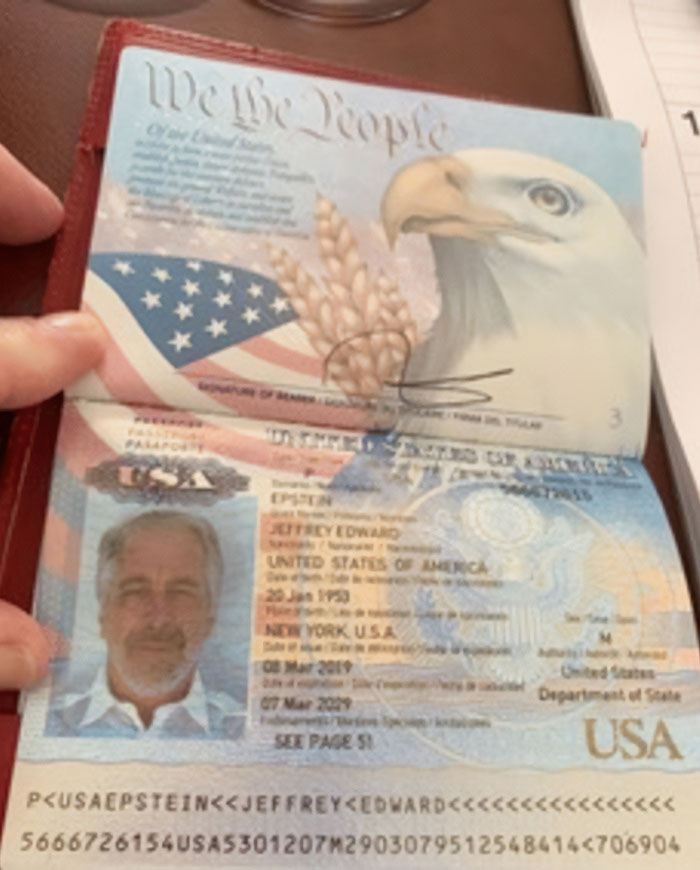Close-up of a USA passport belonging to Jeffrey Epstein, relevant to new Epstein files revealing disturbing messages on women.